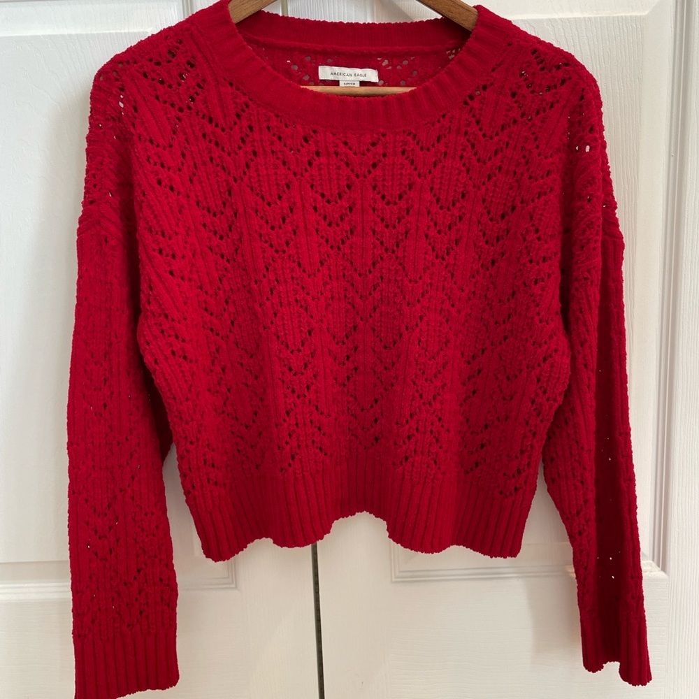 ❤️AE Cropped Pointelle Crewneck Sweater Red Small Valentines ❤️ - Picture 3 of 12